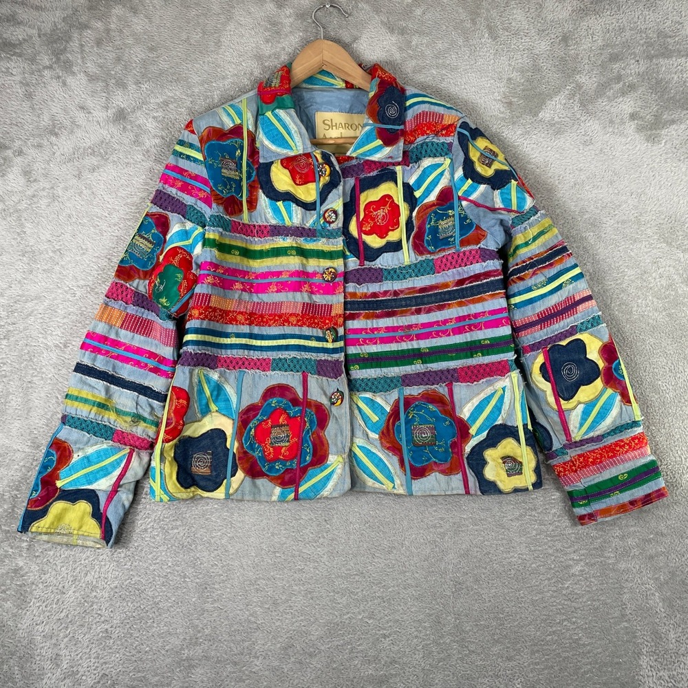 Vintage Sharon Anthony Patchwork Jacket Womens Large Floral Art Wear Silk Mix